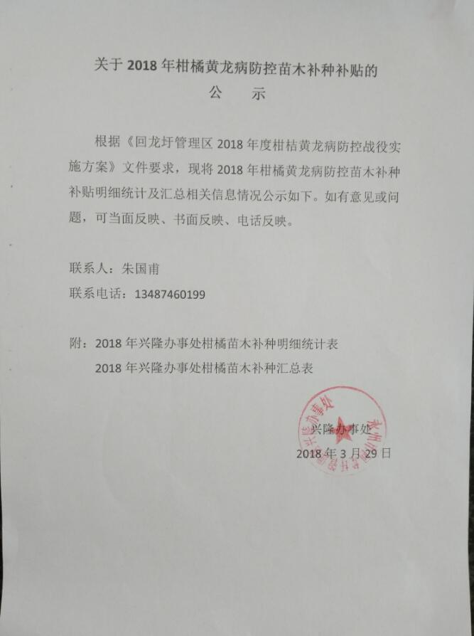 兴隆办事处关于2018年柑橘苗木发放的公示