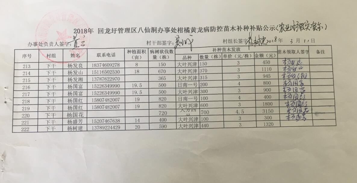 八仙洞办事处关于2018年柑橘苗木发放的公示