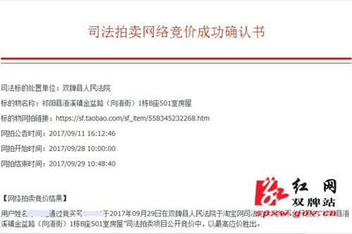 双牌法院网络司法拍卖成交第一单
