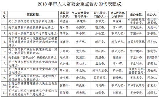 2018年市人大常委会重点督办的代表建议